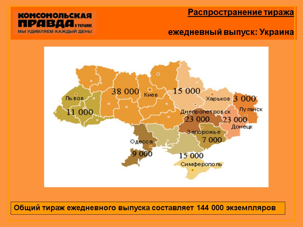 Распространение тиража ежедневный выпуск: Украина Общий тираж ежедневного выпуска составляет 144 000 экземпляров